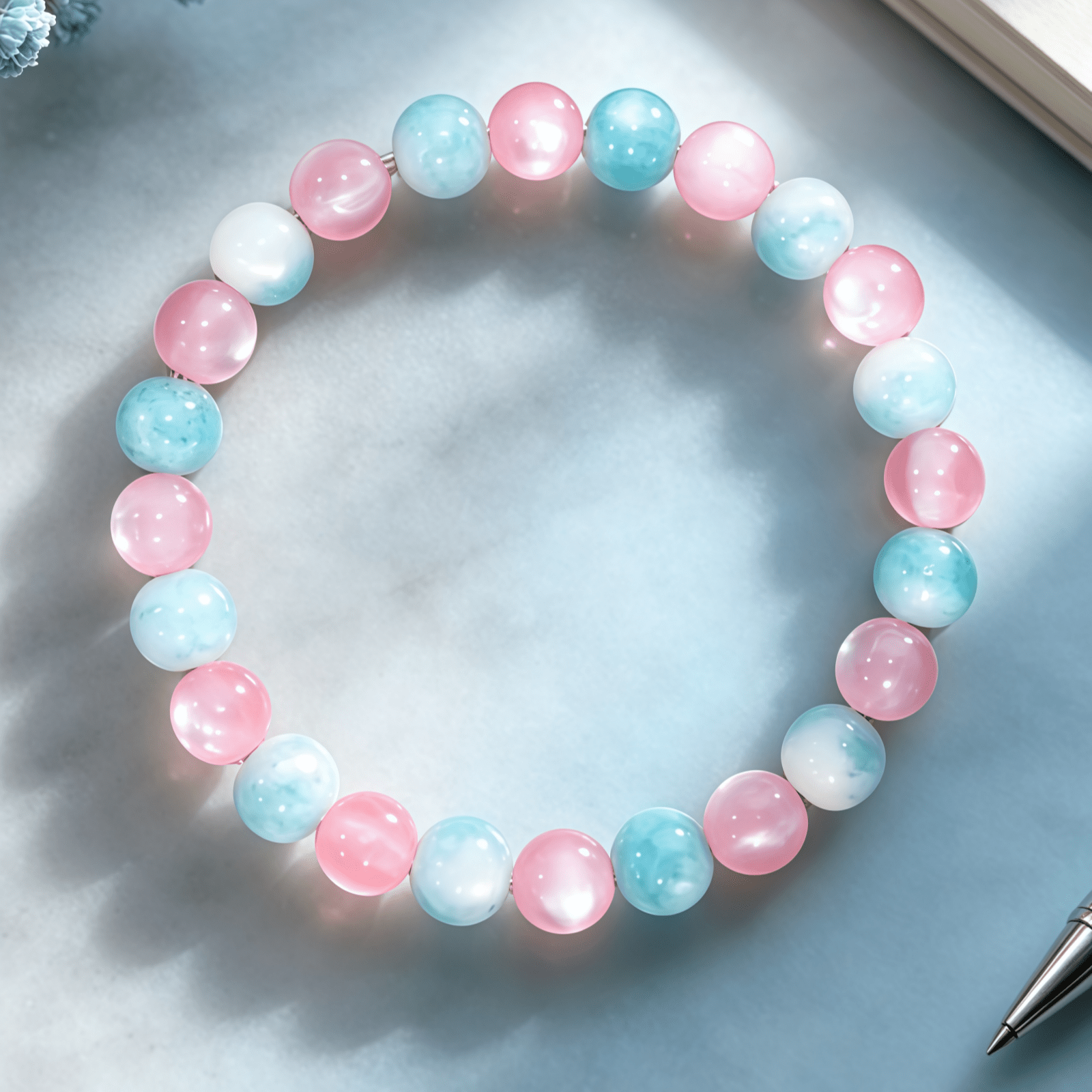 Blue Agate & Pink Cat's Eye Bead Bracelet, Vintage Style